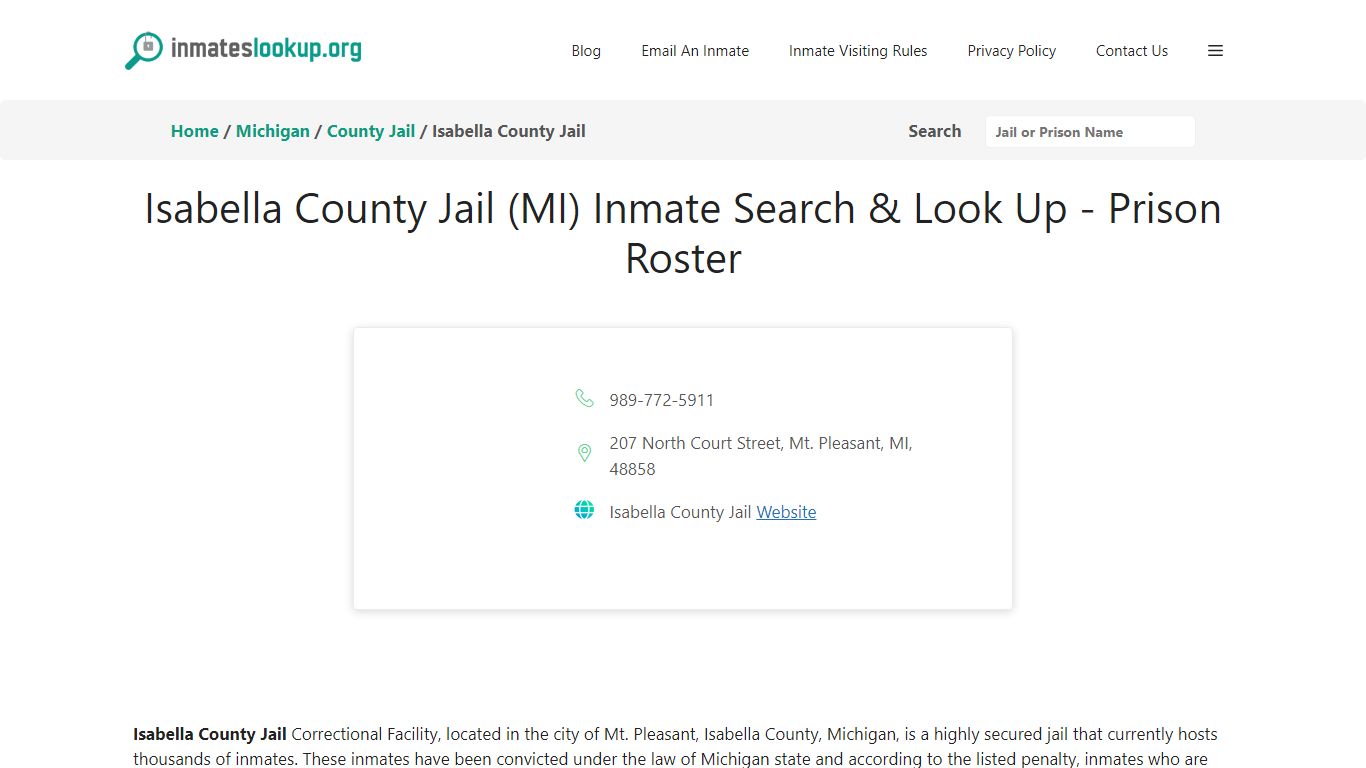 Isabella County Jail (MI) Inmate Search & Look Up - Prison Roster